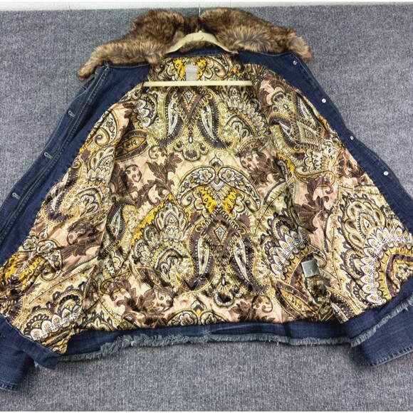 Chico's Removable Fur Collar Denim Jacket Women's Size 4 20/22 Raw Hem Lined - Picture 12 of 16
